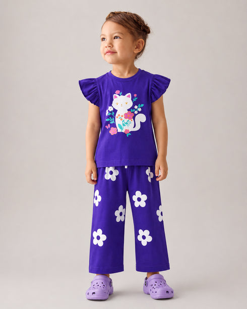 Frill Sleeves Kitty Bloom Cotton Trouser Sets (Dark Purple)