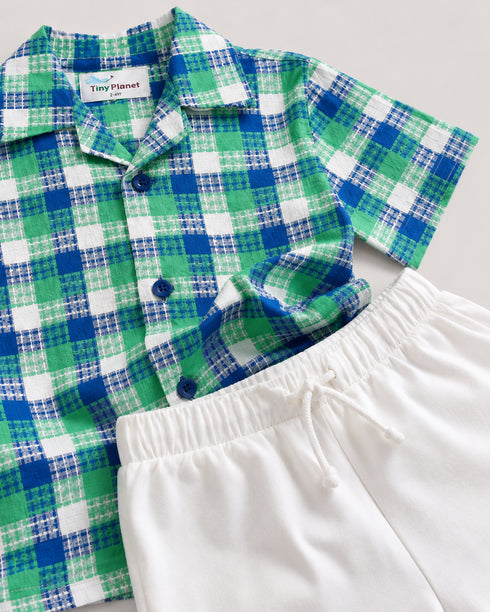 Classic Check Imported Cotton Short Set (Mint Sapphire & White)