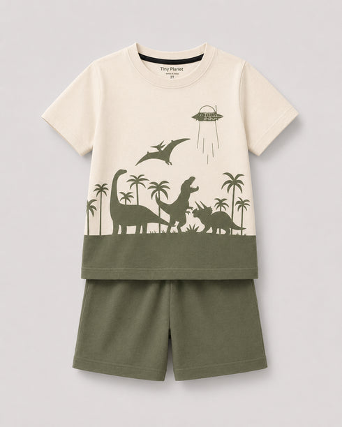 Jurassic Tales Cotton Short Set (Ivory & Olive)