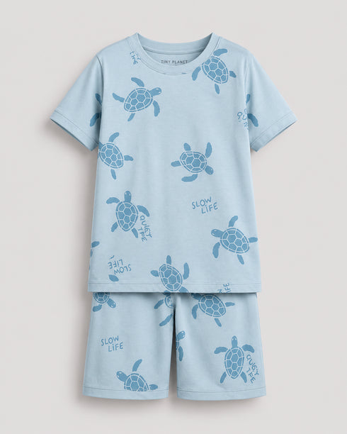 The Turtle Themed Cotton Short Set (Mist Blue)
