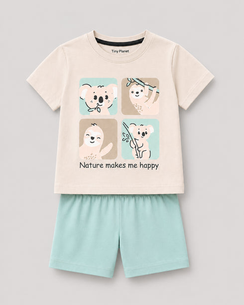 Koala Adventure Cotton Short Set (Cream & Mint Green)