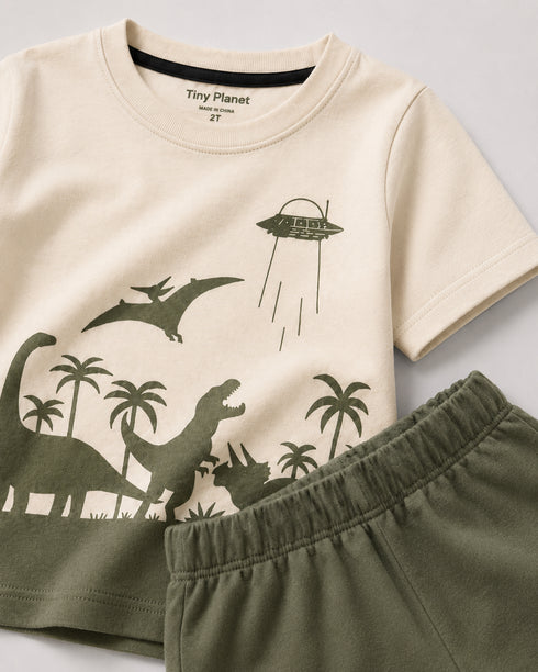 Jurassic Tales Cotton Short Set (Ivory & Olive)