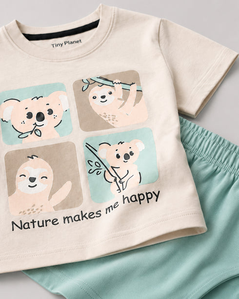 Koala Adventure Cotton Short Set (Cream & Mint Green)
