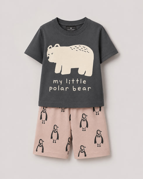 My Little Polar Bear Cotton Short Set (Charcoal Grey & Beige)