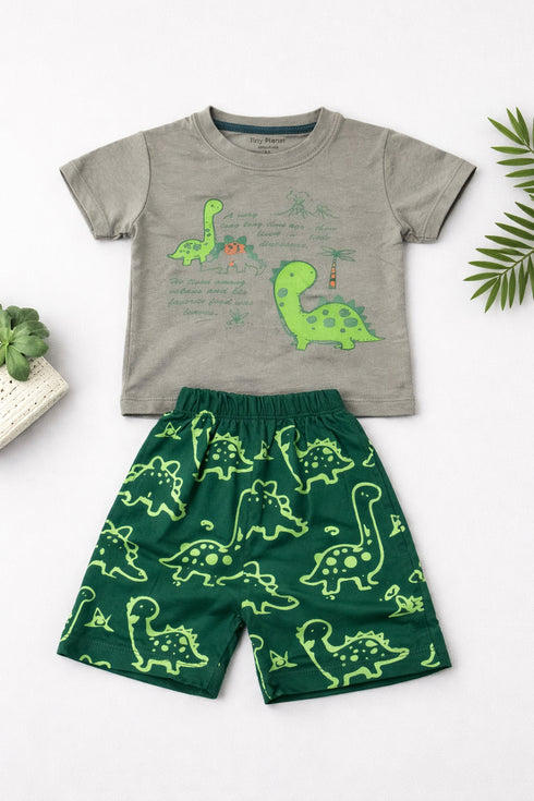 Neon Dino Squad Cotton Short Set (Moss grey & Forest Green)