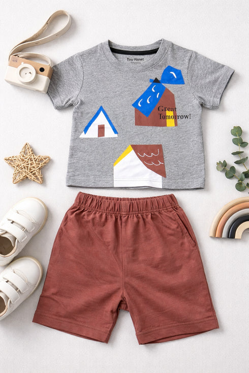Adventure Patch Cotton Short Set (Ash Grey & Cocoa Brown)