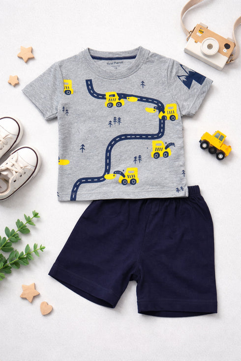 City Planner Cotton Short Set (Heather Grey & Navy Blue)
