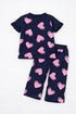 Frill Sleeves Heart Pop Cotton Trouser Set (Navy Blue)
