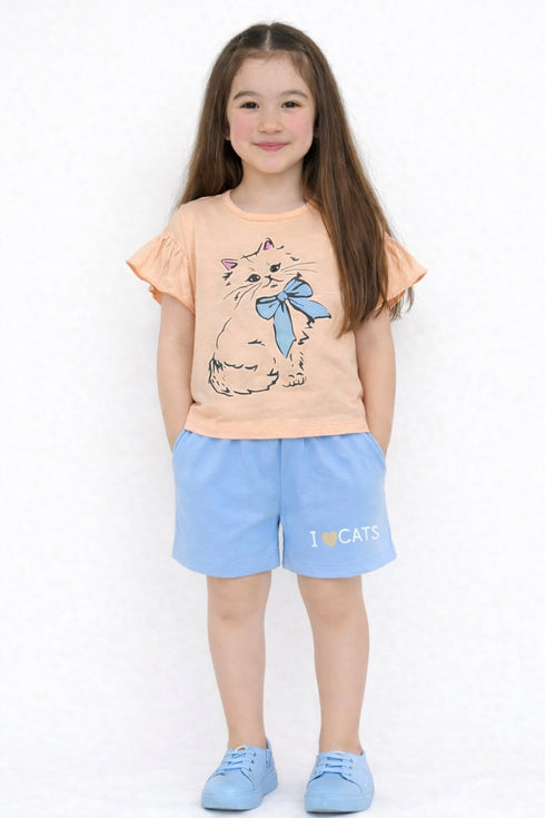 Frill Sleeves Kitty Charm Cotton Short Set (Peach & Sky Blue)