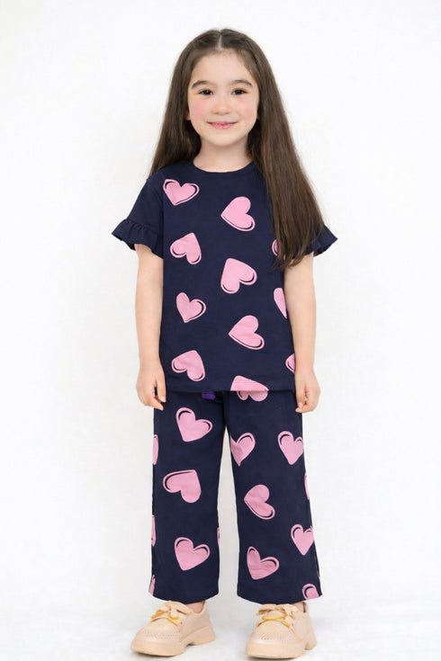 Frill Sleeves Heart Pop Cotton Trouser Set (Navy Blue)