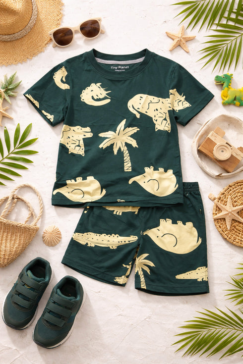 Jungle Friends Cotton Short Set (Dark Green)