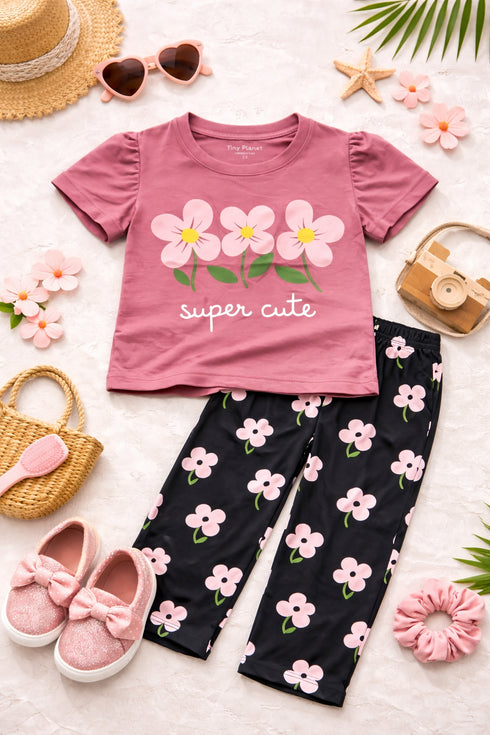 Frill Sleeves Super Cute Bloom Cotton Trouser (Pink & Black)