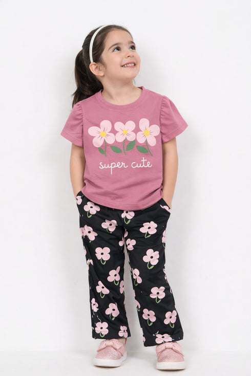 Frill Sleeves Super Cute Bloom Cotton Trouser (Pink & Black)