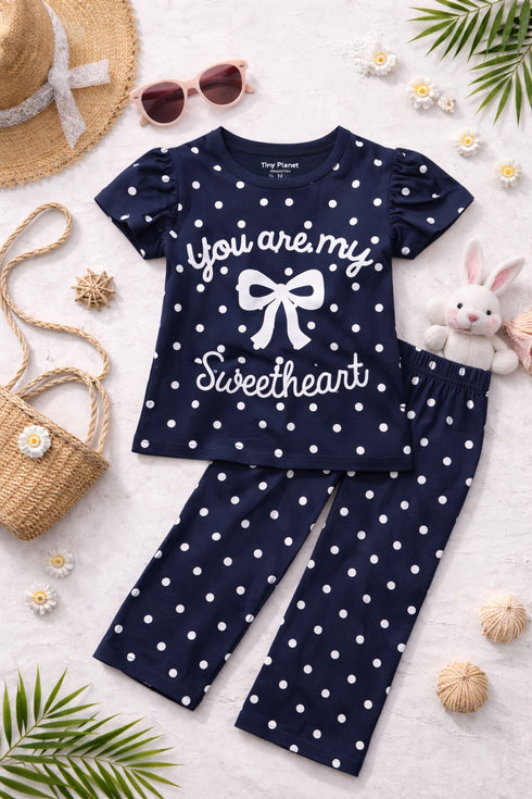 Frill Sleeves Polka Sweetheart Cotton Trouser Set (Navy)