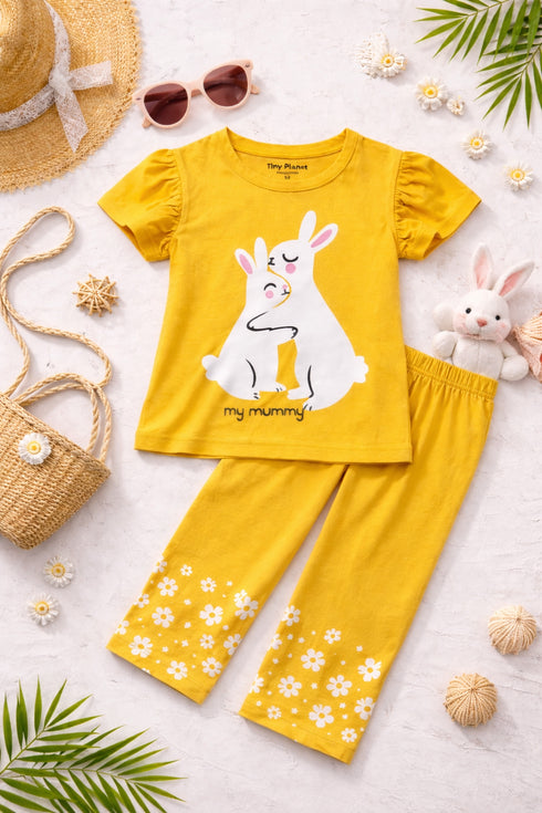 Frill Sleeves Mummy's Hug Cotton Trouser Set (Mustard Yellow)