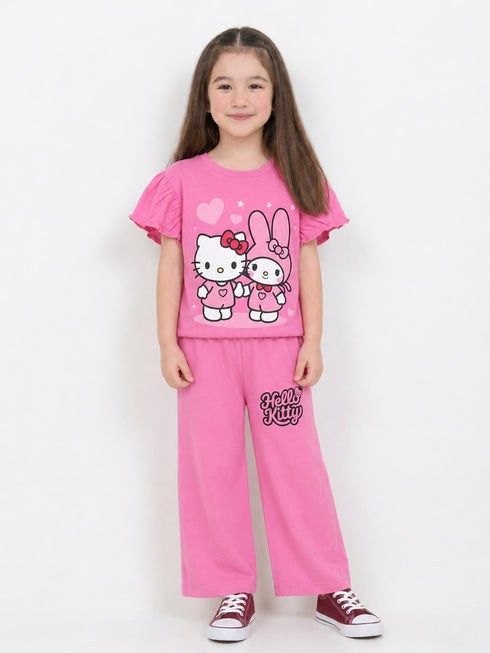 Frill Sleeves Hello Kitty Cotton Trouser Set (Pink)