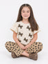 Frill Sleeves Leopard Bow Cotton Trouser Set (Beige)