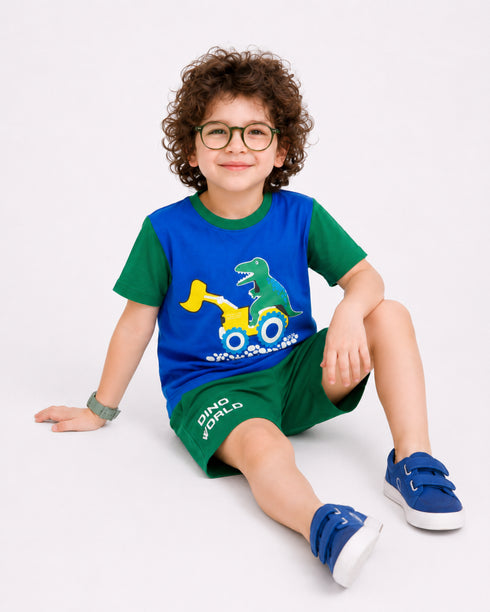 Dino World Cotton Short Set (Royal Blue & Dark Green)