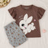 Frill Sleeves Fluffy Bunny Cotton Short Set (Brown & Grey)