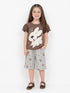 Frill Sleeves Fluffy Bunny Cotton Short Set (Brown & Grey)