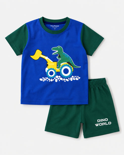 Dino World Cotton Short Set (Royal Blue & Dark Green)