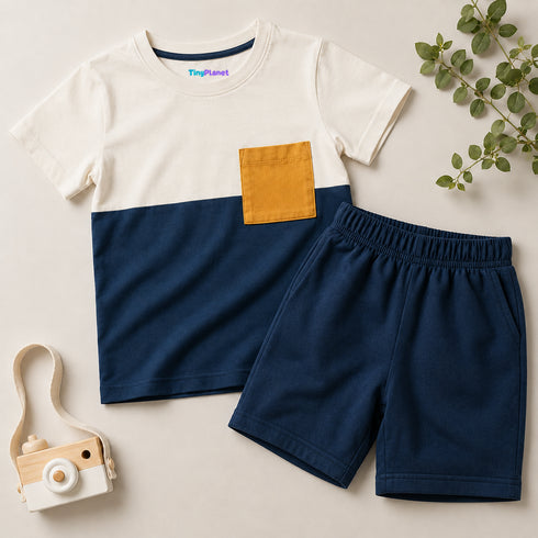 Tiny Colorblock Cotton Short Set (Beige & Navy)