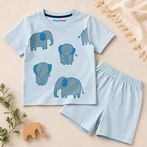 Elephant Themed Cotton Short Set (Baby Blue)
