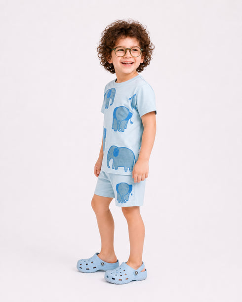 Elephant Themed Cotton Short Set (Baby Blue)