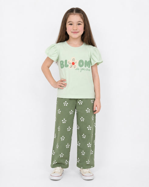 Frill Sleeves Blossom Bloom Cotton Trouser Set (Mint & Olive Green)