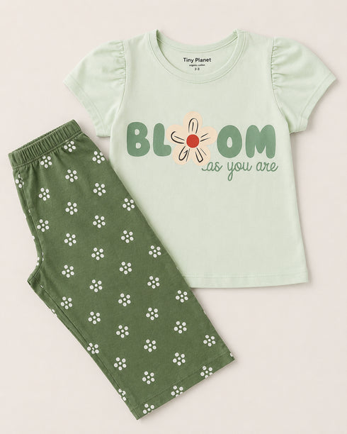 Frill Sleeves Blossom Bloom Cotton Trouser Set (Mint & Olive Green)