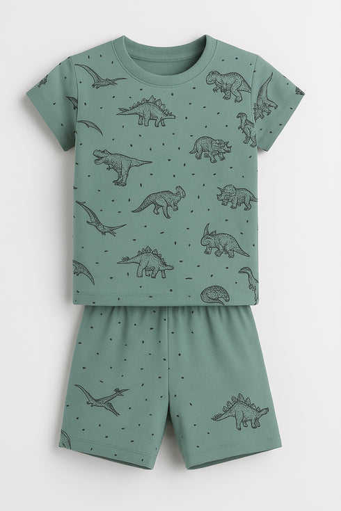 New Born Jurassic Themed Cotton Short Set (Green)
