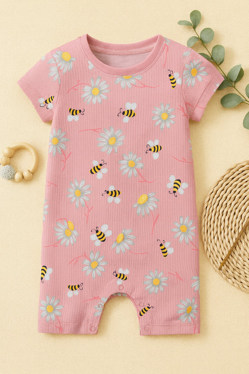 Honey Bee Themed Cotton Romper (Baby Pink)