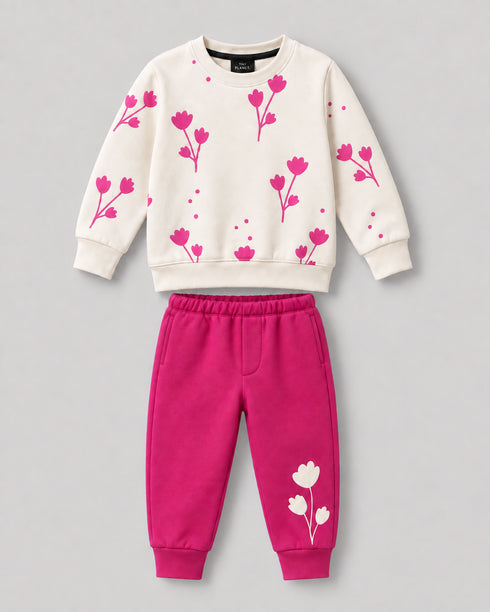 The Floral Bloom Fleece Suit (Off-White & Pink)