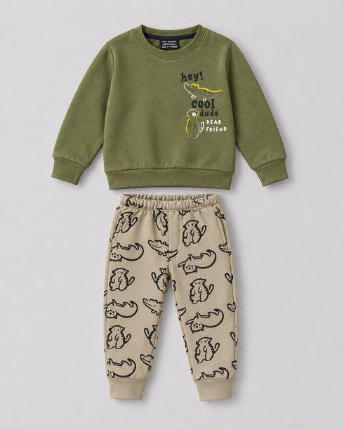 The Cool Cat Fleece Suit (Green & Beige)