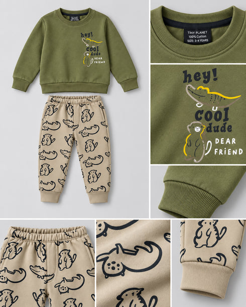 The Cool Cat Fleece Suit (Green & Beige)