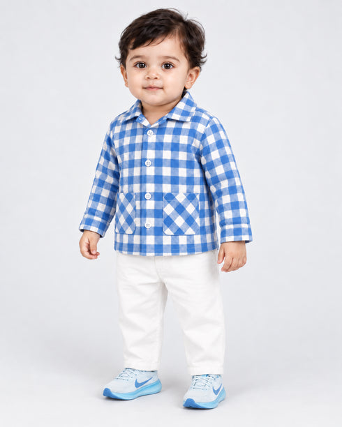 Imported Cotton Checkered Button-Down 2 Piece Set (Blue & White)