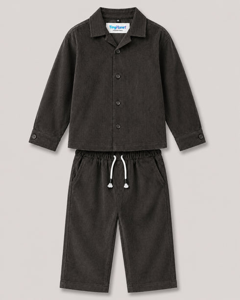 Imported Corduroy Button-Down 2 Piece Set (Black)