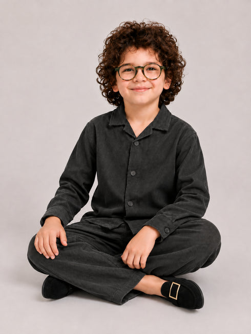 Imported Corduroy Button-Down 2 Piece Set (Black)