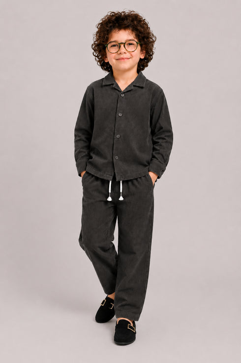 Imported Corduroy Button-Down 2 Piece Set (Black)