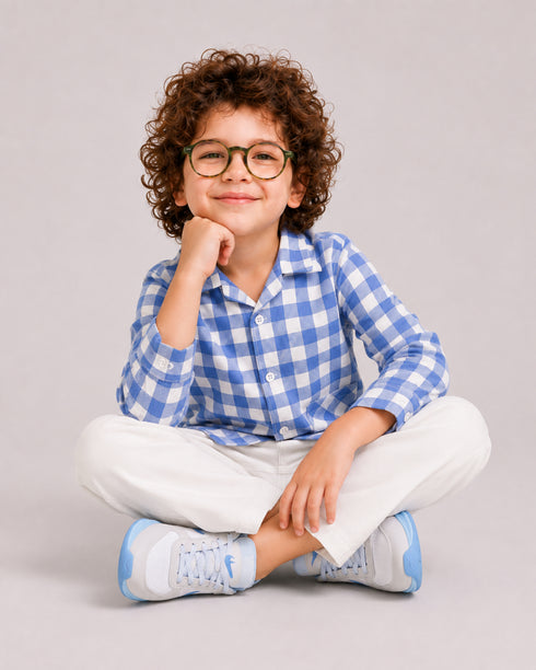 Imported Cotton Checkered Button-Down 2 Piece Set (Blue & White)