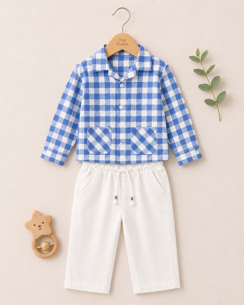 Imported Cotton Checkered Button-Down 2 Piece Set (Blue & White)