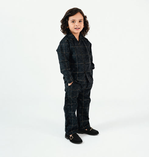 Checkered Imported Stretchable Wash & Wear 2 Piece Set (Dark Charcoal)