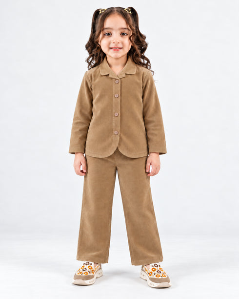 Imported Corduroy Button-Down 2 Piece Set (Camel Brown)