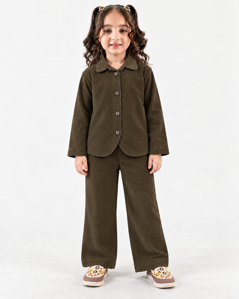 Imported Corduroy Button-Down 2 Piece Set (Dark Olive)