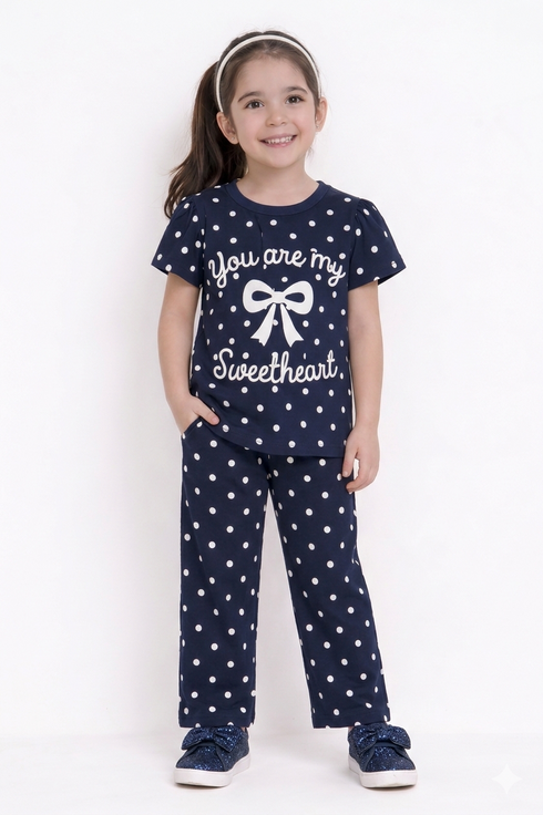 Frill Sleeves Polka Sweetheart Cotton Trouser Set (Navy)