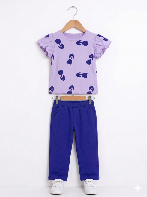 Frill Sleeves Tulip Flutter Cotton Trouser Set (Lilac & Purple)