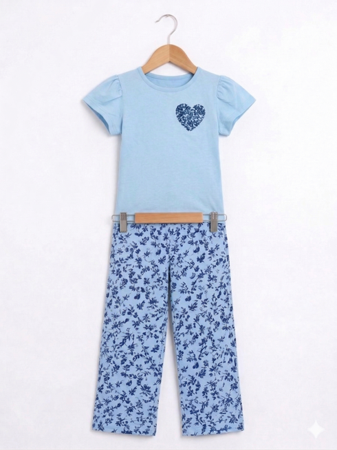 Frill Sleeves Floral Heart Cotton Trouser Set (Ice Blue)