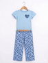 Frill Sleeves Floral Heart Cotton Trouser Set (Ice Blue)