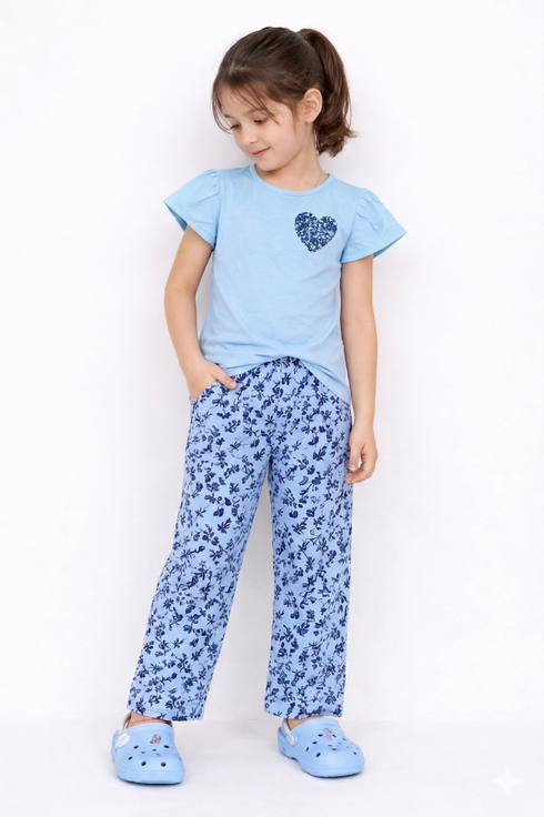 Frill Sleeves Floral Heart Cotton Trouser Set (Ice Blue)