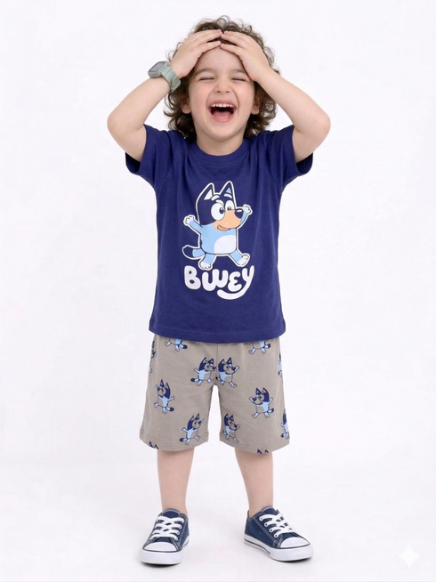 Bluey Themed Cotton Short Set (Navy & Koala Grey)
